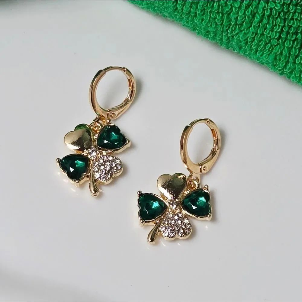 Lucky Four Leaf Clover Hoop Earrings Green CZ Rhinestones Gold St Patrick’s Day